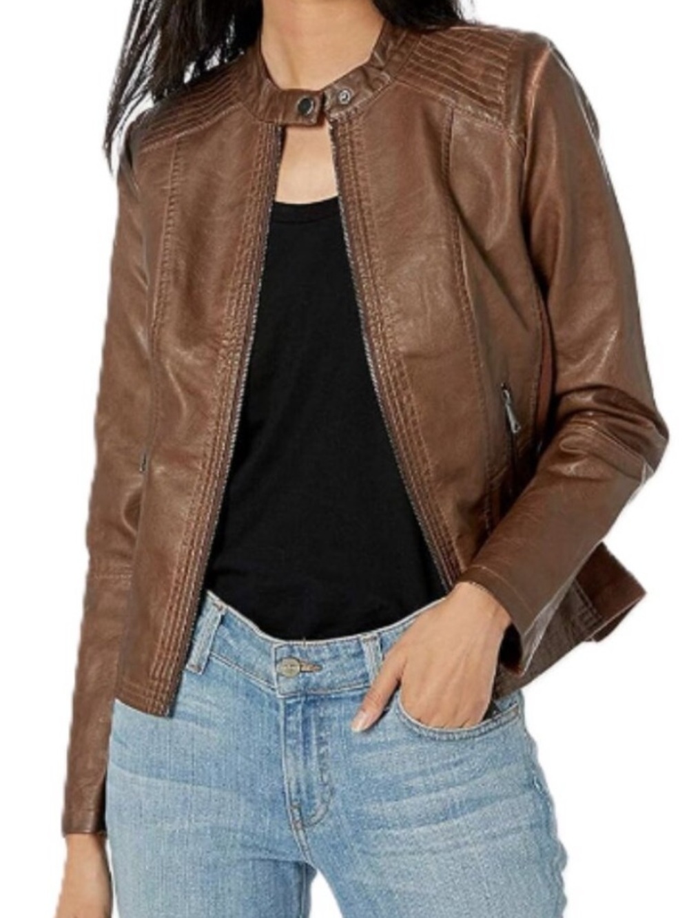 Sebby Collection Faux Leather Moto Jacket Whiskey Brown Size Small NWT